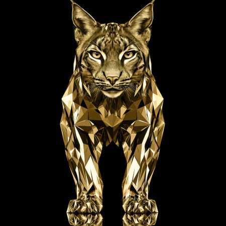 Stunning geometric illustration of a golden lynx set against a dark backdrop. This artwork showcases bold shapes and intricate details, exemplifying animal beauty.の素材