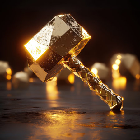 A stunning golden geometric hammer showcasing a reflective surface in a dimly lit environment. This captivating design piece highlights elegance and creativity.の素材