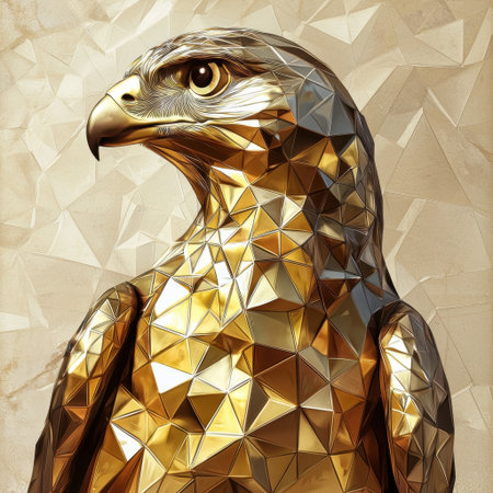 Stunning geometric portrait of a golden eagle with a striking design. The abstract background complements the details of feathers and sharp features, showcasing creative artistry.の素材