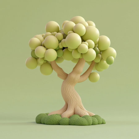 A whimsical 3D cartoon tree featuring round, leafy shapes and a lush green base. Perfect for playful designs, illustrations, or animations, this tree adds a cheerful element to any project.の素材