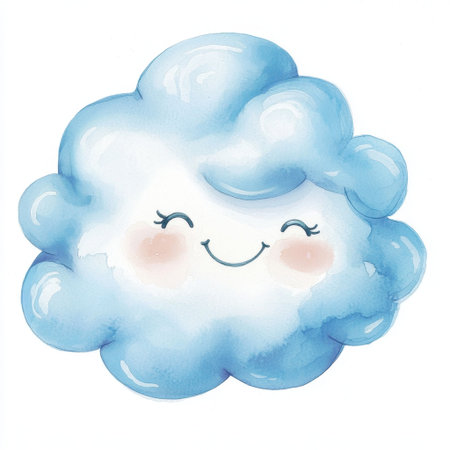 This cute cartoon cloud features a happy smiling face and soft blue hues, perfect for children's themes, playful designs, or whimsical artworks.の素材