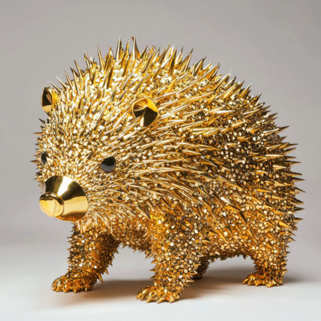This stunning golden hedgehog sculpture showcases artistic creativity with its spiky texture and glossy finish. Ideal for modern home decor or artistic displays.の素材