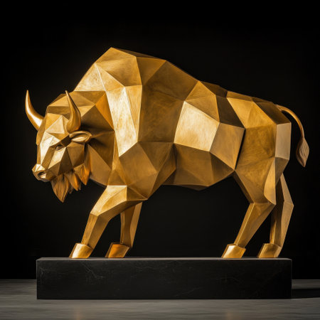 A stunning golden bull sculpture showcases geometric shapes and modern design, perfect for upscale interiors or art galleries. This piece combines luxury and contemporary artistry.の素材