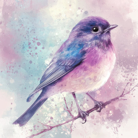 This artistic illustration features a colorful bird perched on a branch, surrounded by soft pastel splashes, creating a dreamy and serene atmosphere.の素材