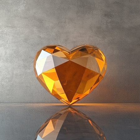 A stunning heart-shaped amber gemstone showcasing brilliant facets and reflections. Its warm tones evoke feelings of love and elegance, perfect for romantic themes.の素材