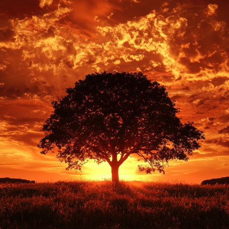 A stunning silhouette of a tree dramatically outlined against a vibrant sunset sky filled with rich orange and yellow hues. This serene landscape captures the essence of nature's beauty.の素材