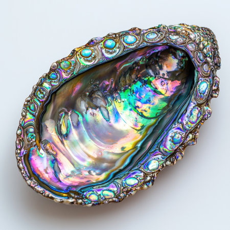 Explore the exquisite beauty of a single abalone shell featuring vibrant iridescent colors and intricate textures, perfect for nature lovers and art enthusiasts.の素材