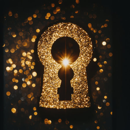 A dazzling golden keyhole shape surrounded by sparkling light and bokeh. This enchanting image symbolizes unlock, mystery, and hope in an artistic way.の素材