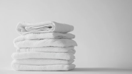 A visually appealing stack of neatly folded white bath towels rests on a minimalist surface, embodying a sense of cleanliness and tranquility in a spa-like setting.の素材