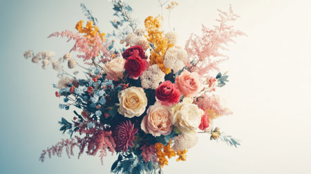 A stunning floral arrangement featuring various roses and seasonal blooms in soft colors, perfect for decoration and aesthetic appeal in any setting.の素材