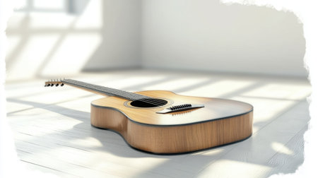 A beautiful acoustic guitar lies gracefully on a sunlit wooden floor, showcasing its elegant curves and craftsmanship in a peaceful setting.の素材