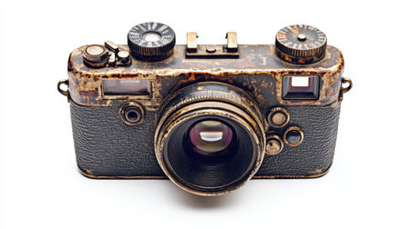 This vintage camera features a beautifully worn texture, capturing the essence of timeless design and elegance in photography equipment.の素材