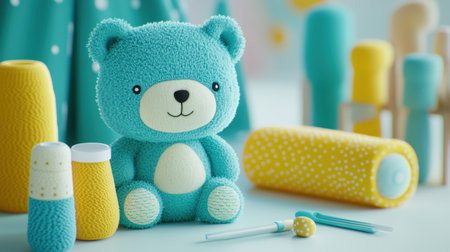 A charming blue teddy bear sits amidst vibrant toys and pastel decor, creating a whimsical atmosphere perfect for childhood play and imagination.の素材