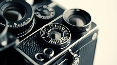 A stunning close-up of a vintage camera featuring intricate lens and dial details, reflecting the artistry and craftsmanship of classic photography.の素材