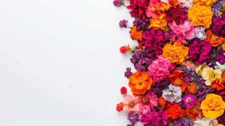 A stunning display of vibrant, colorful flowers arranged on a white background, ideal for themes of nature, beauty, and decoration. Perfect for various projects.の素材