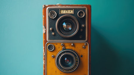 An alluring vintage camera featuring a distinctive retro design set against a bright blue background, perfect for adding a nostalgic touch to photography-themed projects.の素材