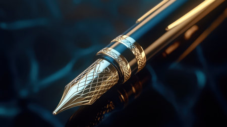 A stunning fountain pen featuring exquisite golden accents, resting gracefully on a reflective surface, ideal for showcasing luxury and artistry in writing.の素材