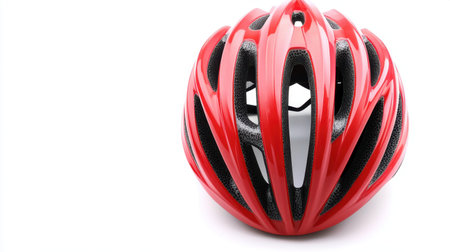 This bright red bicycle helmet features an aerodynamic design with airflow vents, perfect for safe and stylish cycling adventures.の素材