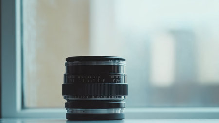 A striking close-up shot showcasing a vintage camera lens resting on a window sill, with a soft-focus background that highlights its intricate design and craftsmanship.の素材