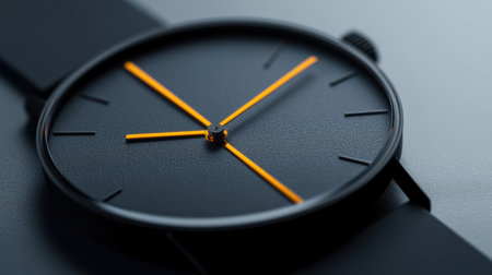 This elegant black wristwatch showcases a minimalist design featuring orange accents on the hour and minute markers, perfect for modern fashion enthusiasts.の素材