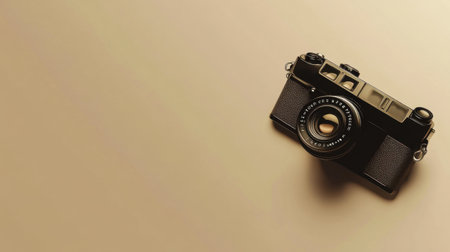 A beautifully designed vintage camera resting on a minimalist background, perfect for showcasing photography style and artistry in various projects.の素材