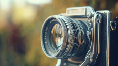 A stunning close-up of a vintage camera showcasing intricate details and a warm, soft background that evokes nostalgia and artistry.の素材
