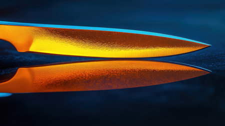 Close-up image of scissors blades displaying a shiny orange metallic surface that reflects beautifully against a dark backdrop, highlighting craftsmanship.の素材