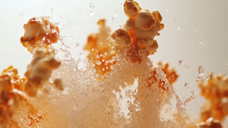 A stunning close-up image capturing the dynamic burst of popcorn amidst a sugar splatter, illustrating a playful snack explosion in high-resolution.の素材