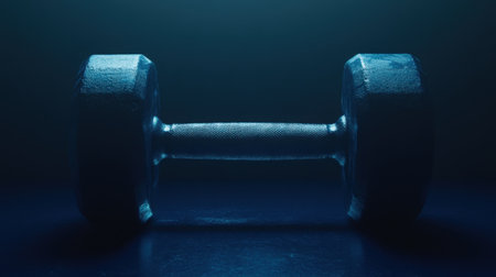 This image features a heavy dumbbell resting on a dark surface under soft blue lighting, capturing the essence of strength workouts and fitness training.の素材