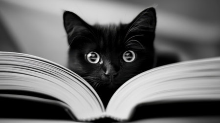 A curious black cat peers over an open book with wide eyes, creating a whimsical scene in monochrome. This delightful moment captures the charm of reading and companionship, inviting viewers into a cozy world of imagination.の素材
