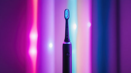 A sleek electric toothbrush is showcased against a backdrop of vivid neon lights, highlighting modern dental care in a contemporary setting.の素材
