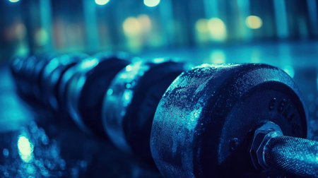 This close-up image captures a heavy dumbbell resting on a wet surface, illuminated by soft blue lights in a gym setting. The scene evokes strength and determination.の素材