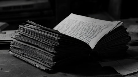 A vintage open book rests on a wooden surface, displaying its worn pages that evoke a sense of nostalgia and timeless storytelling. Perfect for literary themes.の素材