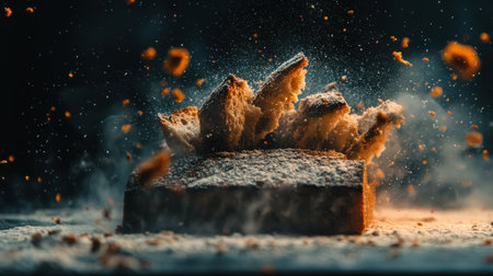 A close-up action shot of a loaf of bread explosively shedding crumbs and flour, creating a stunning visual effect with dramatic lighting.の素材