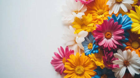 A colorful array of fresh flowers featuring vivid shades of pink, yellow, and white, perfect for adding elegance to any celebration or decoration theme.の素材