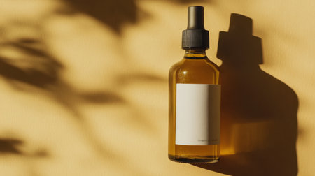 A stunning brown glass bottle with a blank label and spray nozzle rests against a warm yellow background, highlighting its minimalist design and appeal.の素材
