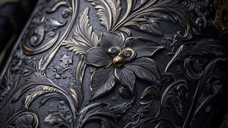This stunning close-up features an intricate floral design in metalwork, with golden accents adding elegance to the craftsmanship, ideal for art lovers.の素材