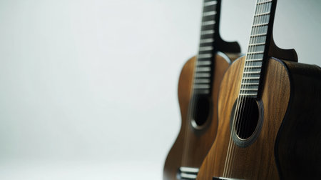 Two elegant wooden acoustic guitars positioned against a light background, ideal for music enthusiasts and art projects, capturing harmony and craftsmanship.の素材