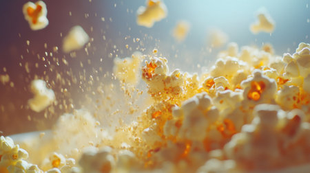 A dynamic scene capturing an explosion of freshly popped buttered popcorn with seasoning, offering a vibrant and fun snack experience.の素材
