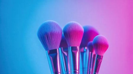 This image showcases a stunning array of makeup brushes in vibrant colors, set against a colorful backdrop. Ideal for beauty and cosmetics themes.の素材