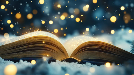 An open book rests elegantly in a snowy landscape, surrounded by glowing lights that create a magical atmosphere full of wonder.の素材