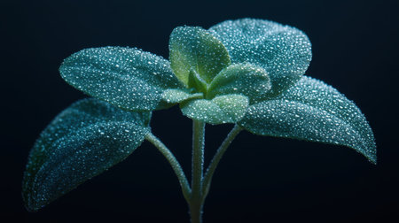A stunning close-up view of a fresh green plant adorned with glistening dew droplets, showcasing intricate details and vibrant colors.の素材