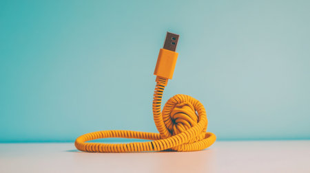 A bright yellow USB cable is creatively coiled on a smooth table surface, set against a soft blue background, portraying style and modernity.の素材