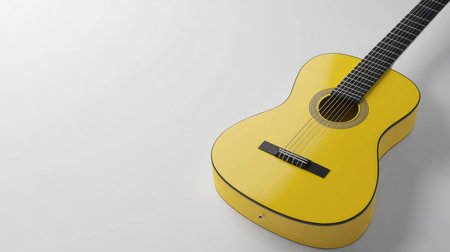 This bright yellow acoustic guitar rests elegantly on a minimalistic white background, perfect for showcasing creativity and music themes in various projects.の素材