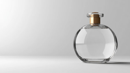 A stylish clear glass perfume bottle rests elegantly on a soft background. The golden cap adds a luxurious touch, perfect for beauty branding.の素材