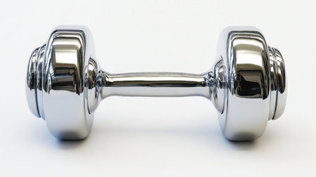 This image features a glossy chrome dumbbell positioned on a clean white background, perfect for showcasing fitness, strength training, and workout routines.の素材