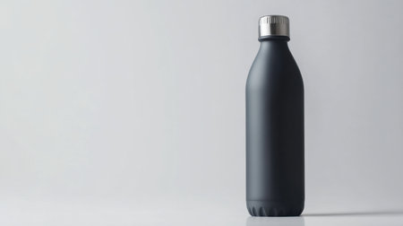A sleek matte black insulated bottle stands elegantly against a simple gray background, ideal for showcasing hydration or fitness themes.の素材