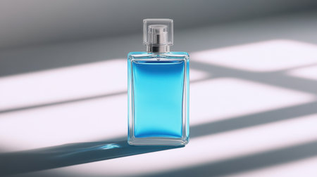 A beautifully arranged blue glass perfume bottle rests on a light surface, illuminated by soft sunlight, creating captivating shadows that enhance its elegance.の素材