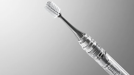A close-up image of a modern electric toothbrush head against a soft gray gradient background, symbolizing innovation and dental care in hygiene practices.の素材