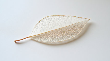A beautifully delicate skeleton leaf rests on a white surface, showcasing its intricate vein patterns and natural elegance. Ideal for minimalist design.の素材